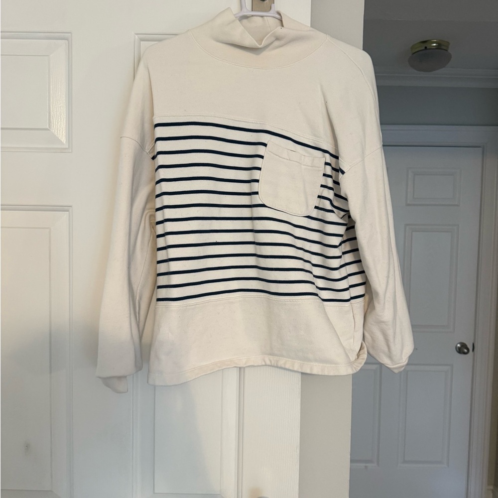 Madewell Cream Pullover with Navy Stripes and Chest Pocket